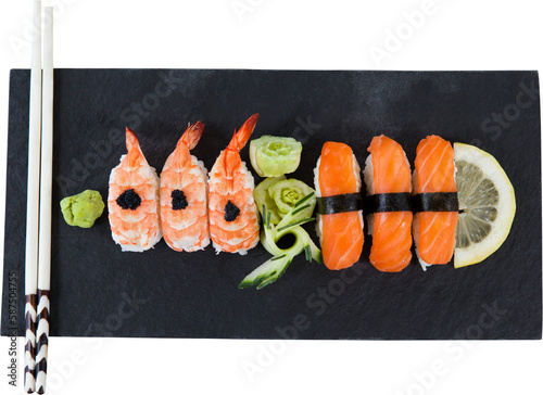 Japanese food with chopsticks over white background