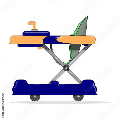 A flat vector depicting a stroller, namely a baby walker that is commonly used for babies learning to walk. Colored with pink, blue and green