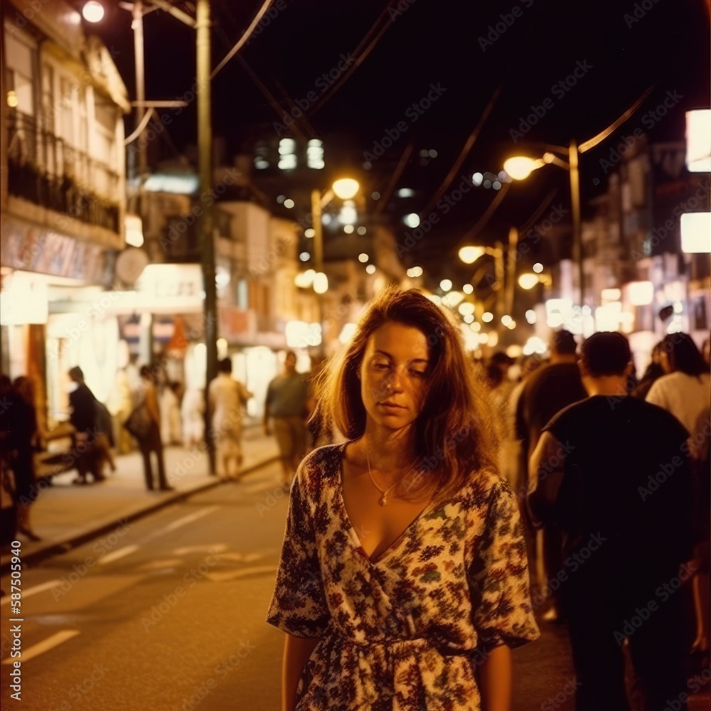 Drunk woman walking at night in a South American city street. Generative AI