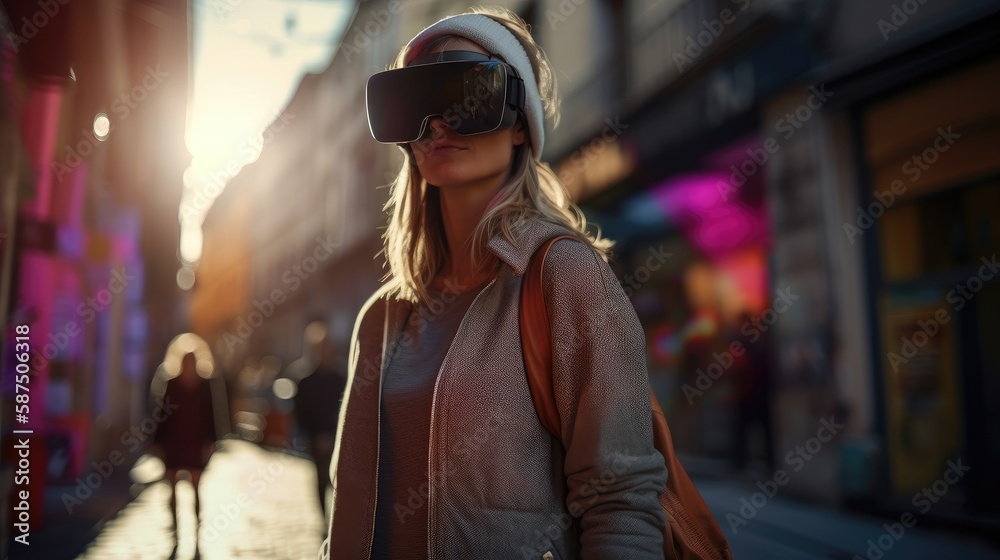 Woman with virtual reality headset. Created with Generative AI.
