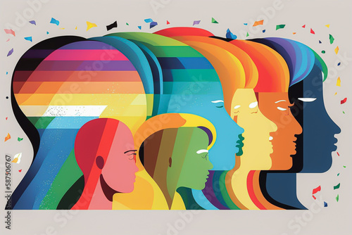 Conceptual Image of Diversity in Society, Diversity in Education or Educators Illustration. LGBT and LGBTQ rainbow in flat design. Fictional person and place. Made with Generative AI