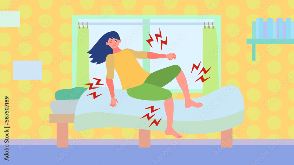 Obraz premium 筋肉痛の女性。フラットなベクター背景イラスト。 A woman with muscle pain. Flat designed vector background illustration.
