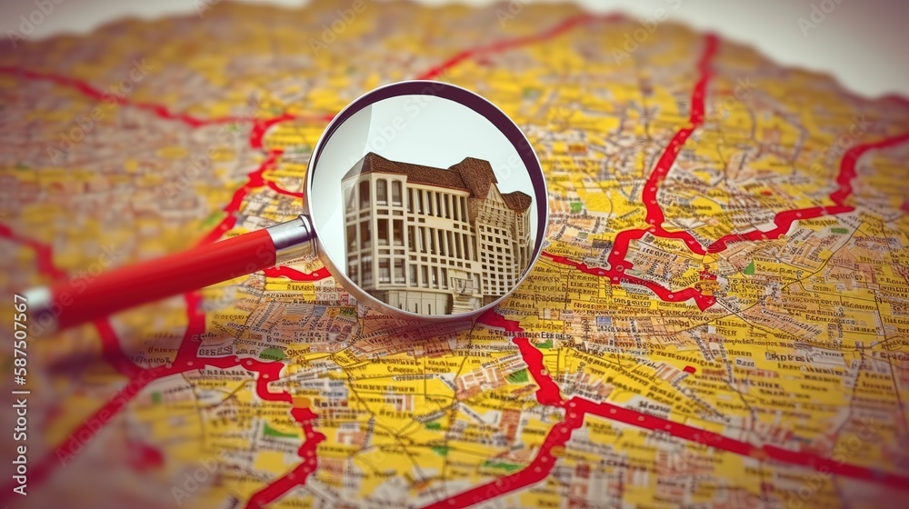 House and loupe on the map of Spain in colors of spanish flag. S