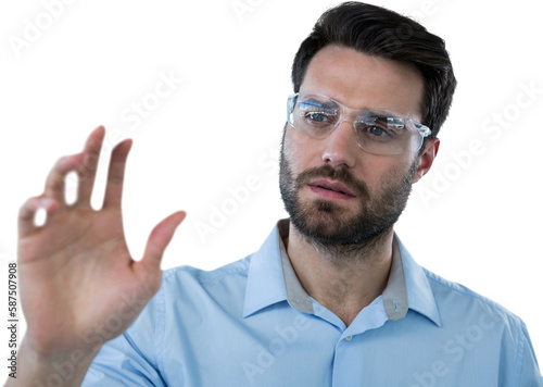 Male wearing protective eyewear pretending to touch invisible object © vectorfusionart