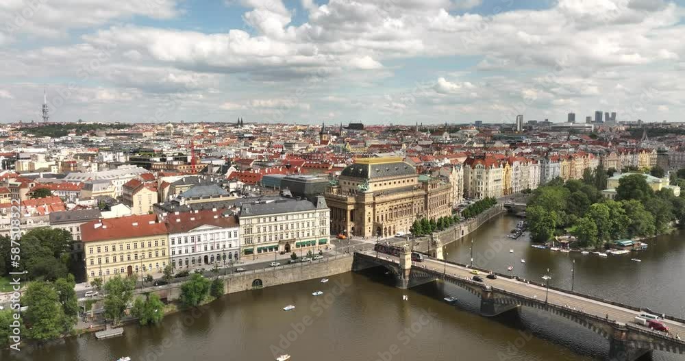 Prague scenic aerial view. Prague architecture and bridge over Vltava river. Prague, Czechia, Czech Republic. Panoramic view from above on the Prague center, cityscape. Prague scenic aerial view. Prague architecture and bridge over Vltava river. Prague, Czechia, Czech Republic. Panoramic view from above on the Prague center, cityscape.