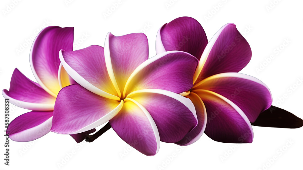 Illustration of beautiful Plumeria tropical flower blossoms in purple. Isolated. Created using