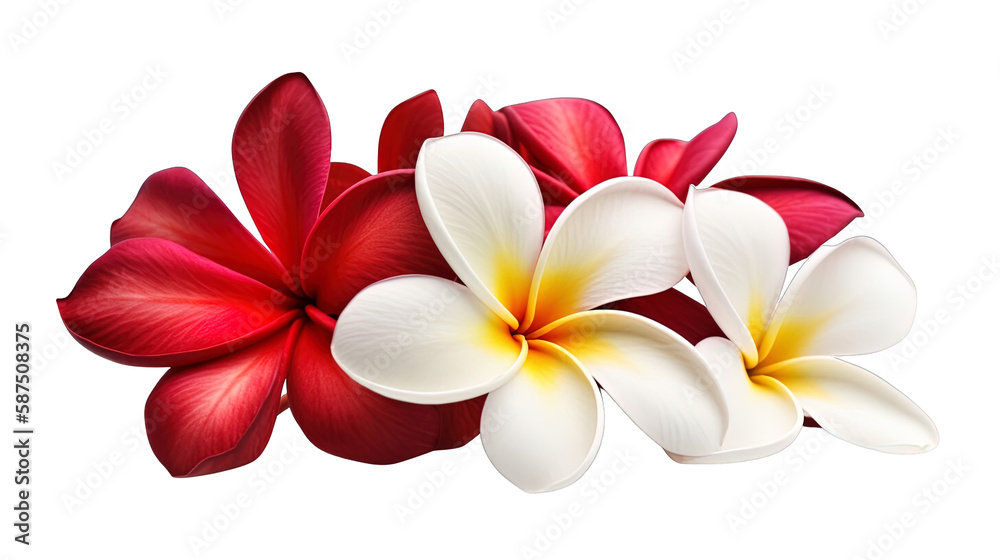 Illustration of beautiful Plumeria tropical flower blossoms in red and white. Isolated. Created using Generative AI.