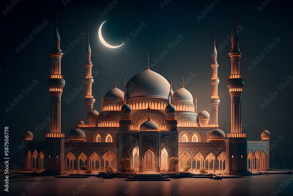 An Islamic mosque at night with a crescent moon behind the mosque, Generative ai