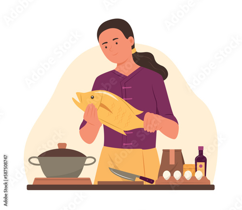 Chef Woman Preparing Fresh Fish for Cooking