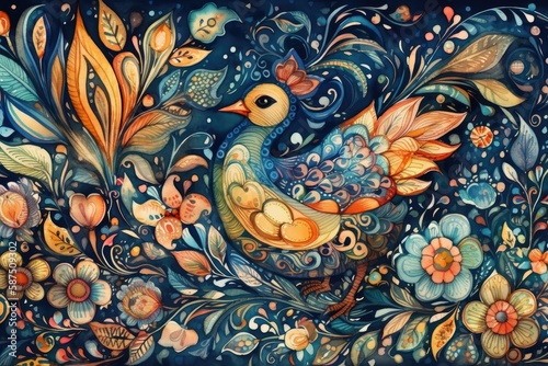 colorful bird perched on a branch among a vibrant garden of flowers. Generative AI