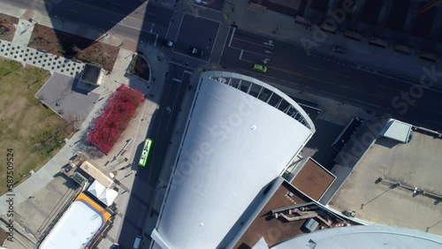 Aerial Top Shot Of Music Center And Arena In Modern City, Drone Flying Forward On Sunny Day - Nashville, Tennessee photo