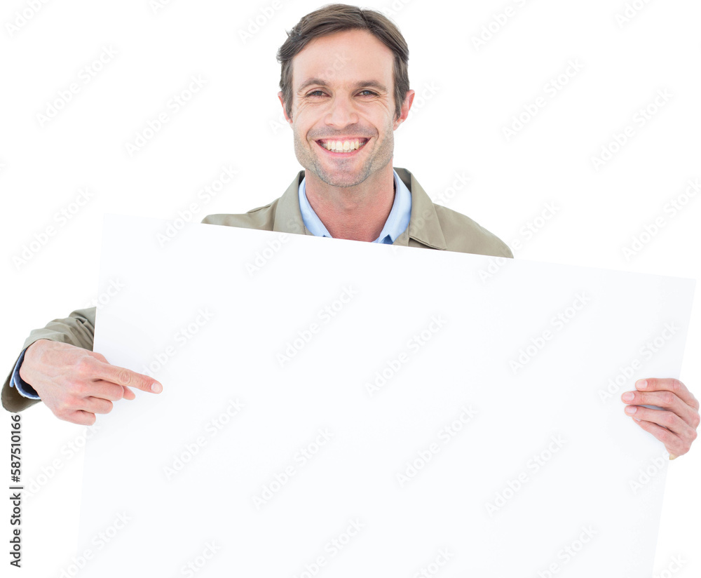 Happy delivery man pointing at blank billboard Happy delivery man pointing at blank billboard