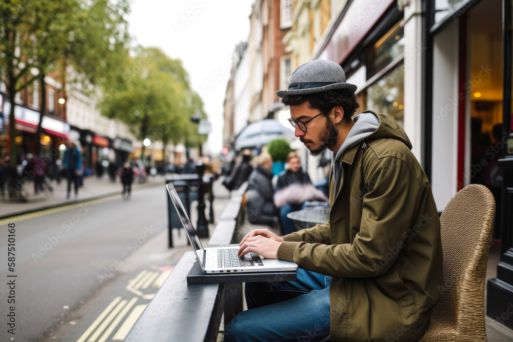 Man using a laptop in the middle of London. Student or freelancer lifestyle. High quality generative ai