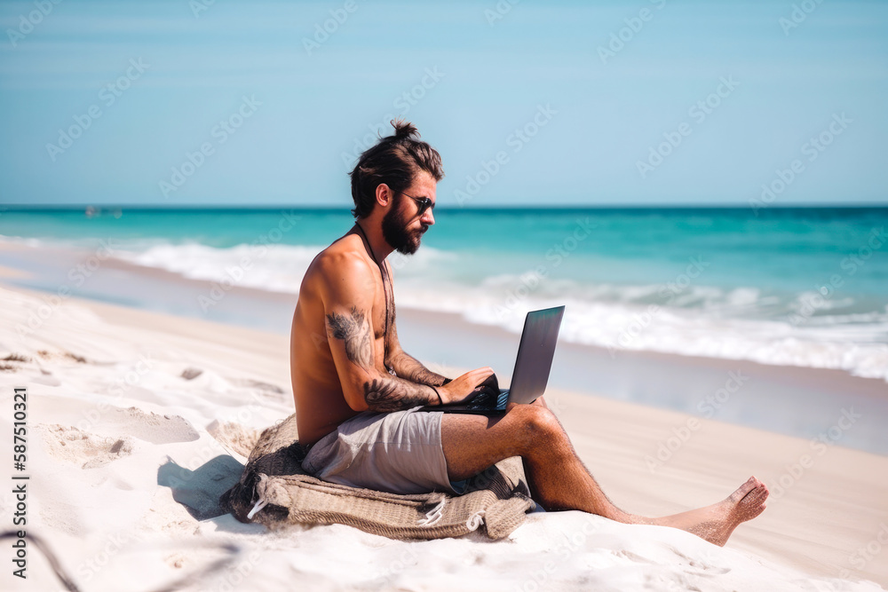 An attractive man sitting at the beach while using a laptop, comfortably working at the beach, high quality generative ai