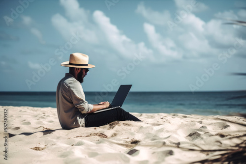 A man sitting at the beach while using a laptop, comfortably working at the beach, high quality generative ai