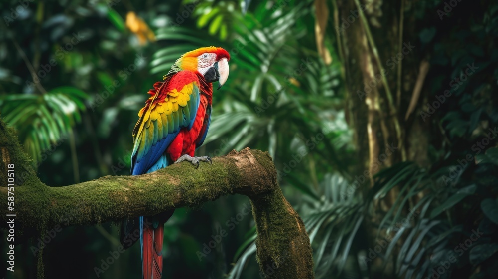 Tropical Rainforest Paradise: A Vibrant Parrot in a World of Exotic Wildlife Revealed - Generative AI