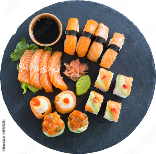 High angle view of sushi with sauce 