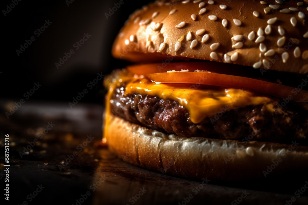 Cheeseburger mit Käse und Tomate auf dunkler Hintergrund im Querformat ...