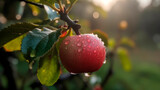An apple hanging from a branch with morning dew, generative ai