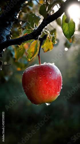 An apple hanging from a branch with morning dew, generative ai
