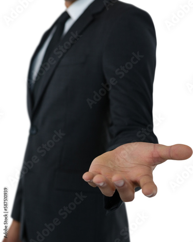 Midsection of businessman showing hand against white background