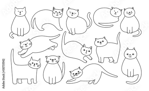 Fototapeta Naklejka Na Ścianę i Meble -  Cats cute simple linear set. Kitty purebred with different poses and emotions cartoon outline collection. Sketch drawn cats sleeping, stretching and playing. Kitten characters pet animals isolated