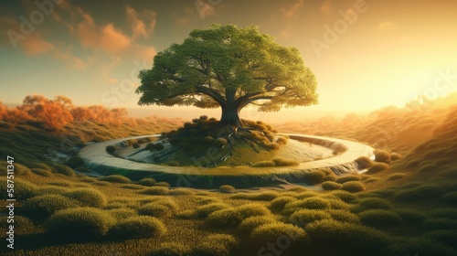 Beautiful fantasy land with a giant trees. Created with generative AI.