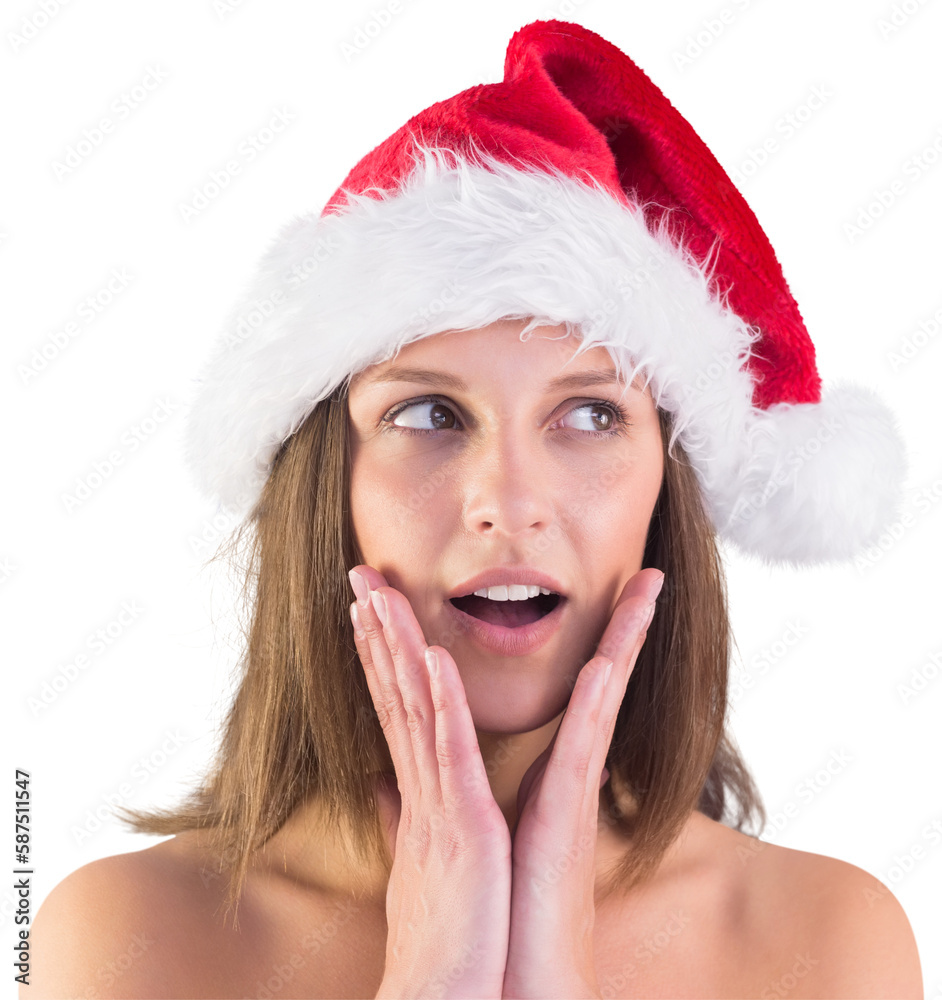Festive brunette looking surprised with hands on face Festive brunette looking surprised with hands on face