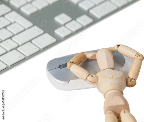 3d image of wooden figurine lying on computer mouse by keyboard 