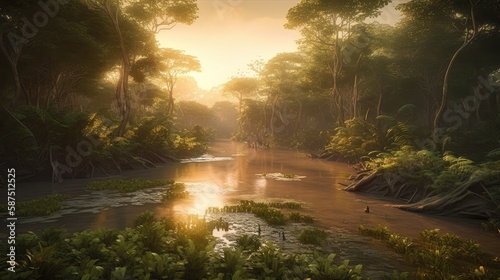 Tropical jungle landscape with Amazon jungle river at sunset. Created with Generative AI. photo