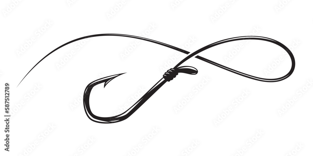 Draw a black hook and a curved line. Fishing tool symbol. Stock