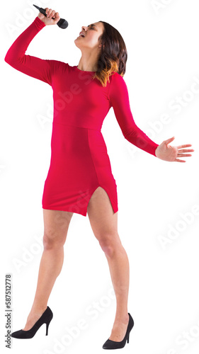Brunette in red dress singing