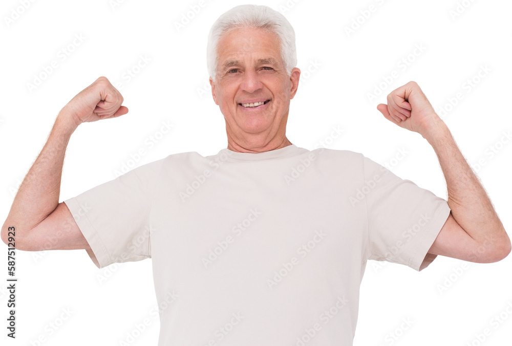 Senior man flexing his arms Senior man flexing his arms
