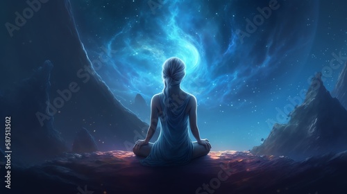 A woman meditates in the lotus position. Blue background. Ai