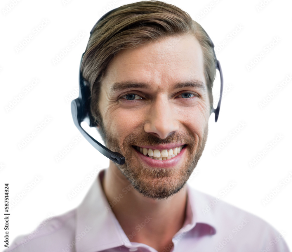Portrait of cheerful confident man wearing microphone headset Portrait of cheerful confident man wearing microphone headset