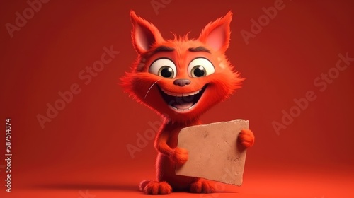 Cute Cartoon Cat Holding a Blank Sign. Created with Generative AI.
