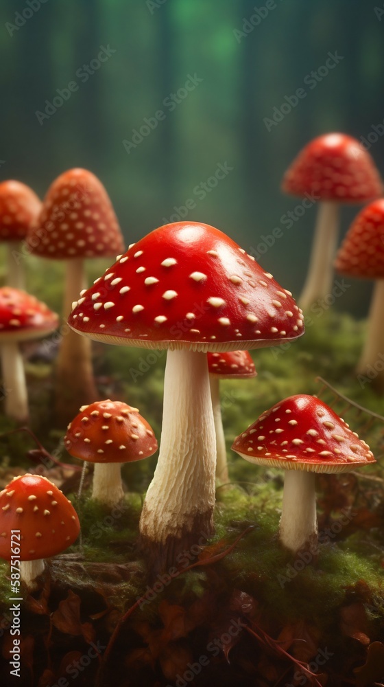 Obraz premium Fly agaric mushrooms. Generative AI