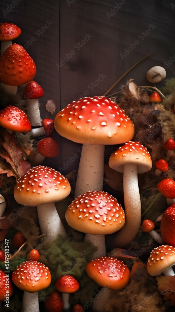 Fly agaric mushrooms. Generative AI Fly agaric mushrooms. Generative AI