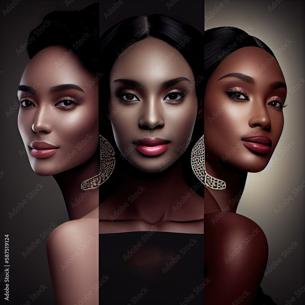 three women with different skin tones and black hair, one is wearing ...