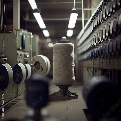 the inside of a factory with many different types of threads and spooles on the machine room floor. Generative AI photo