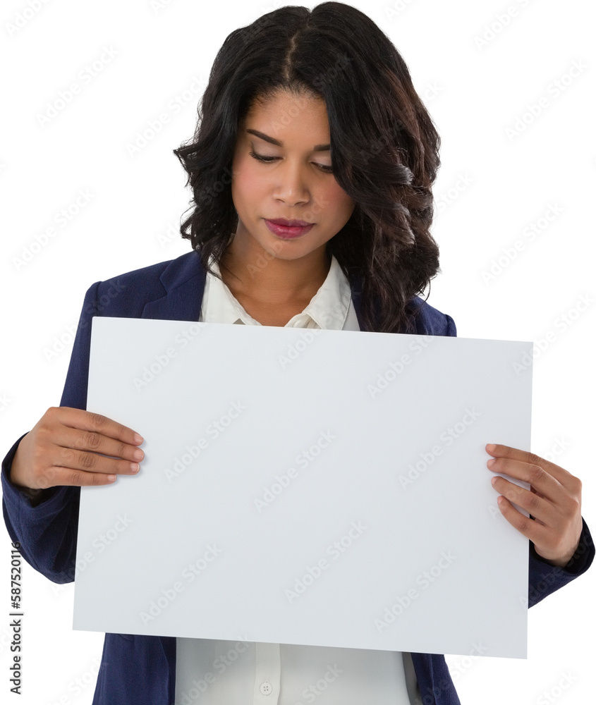Young businesswoman holding blank white placard Young businesswoman holding blank white placard