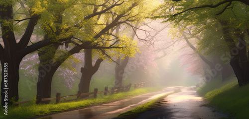 Road with a wooden fence at dawn in the spring forest. AI generated