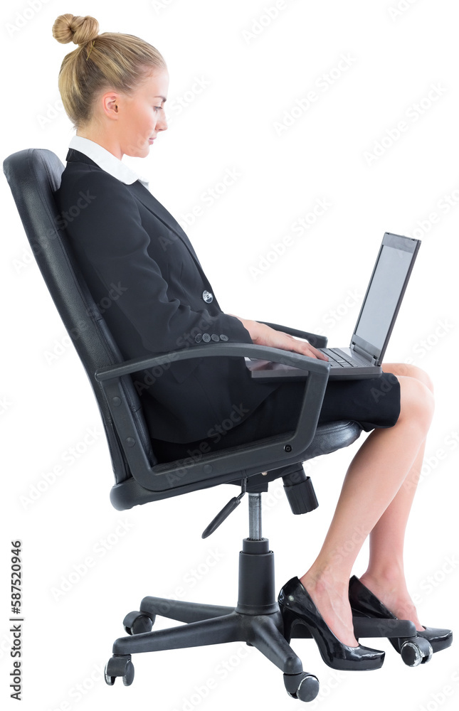 Businesswoman sitting on swivel chair with laptop Businesswoman sitting on swivel chair with laptop