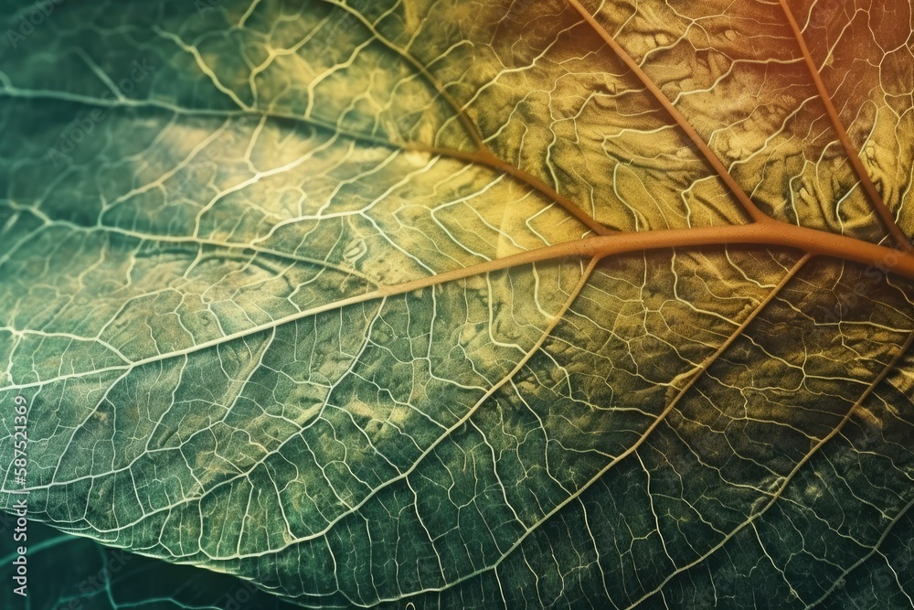 Obraz premium macro view of a green and yellow leaf. Generative AI