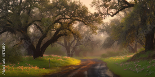 Road at dawn in spring forest with pink flowers in soft green grass. AI generated © Olmyntay