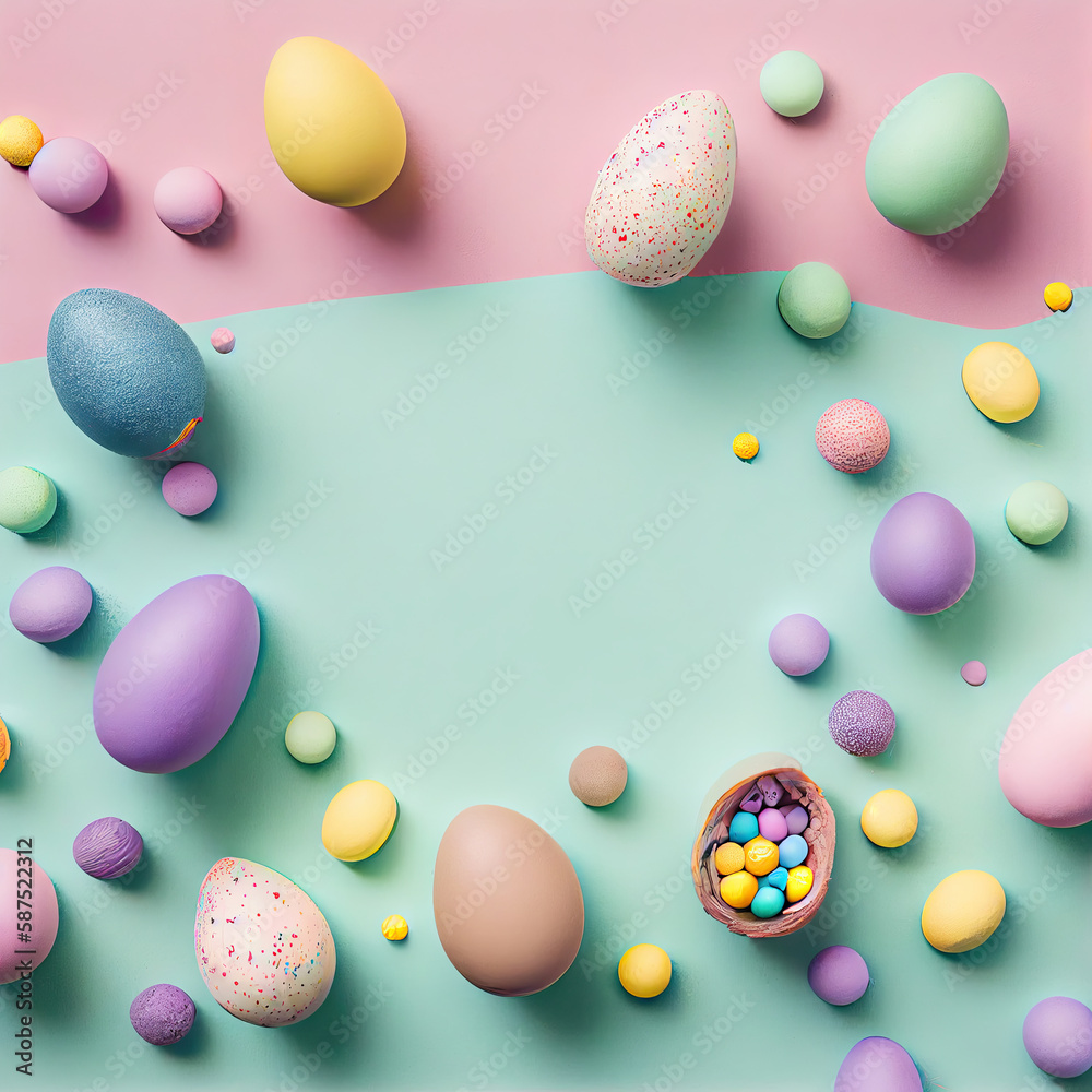 colorful easter eggs on a paste green and pink background with copy - space in the center is surrounded by scattered specs. Generative AI