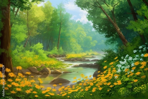 A lush forest with towering trees, bright flowers, and a gently flowing river background Generative AI