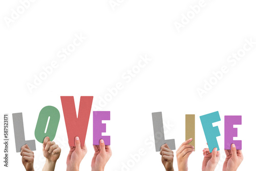 Cropped hands holding colorful words love and life 