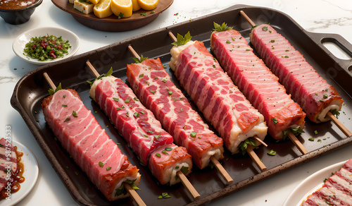 Photo of delicious meat skewers arranged on a wooden tray