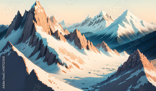 Photo of a breathtaking snowy mountain range painting